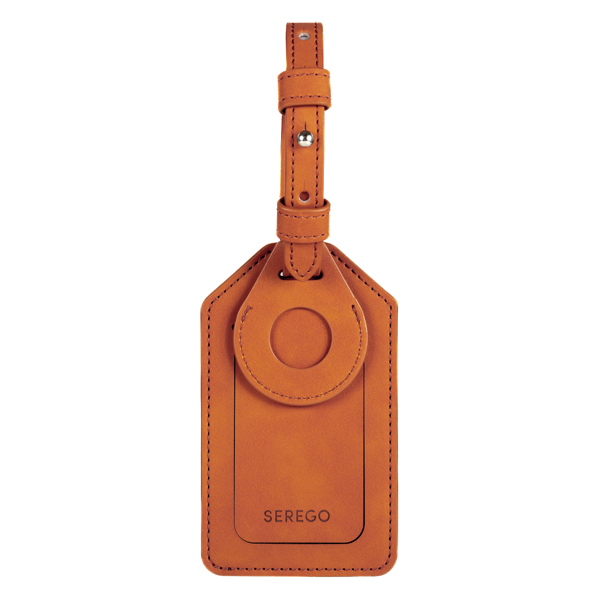 Brown travel label with brown stitching, airtag compartment and QR card