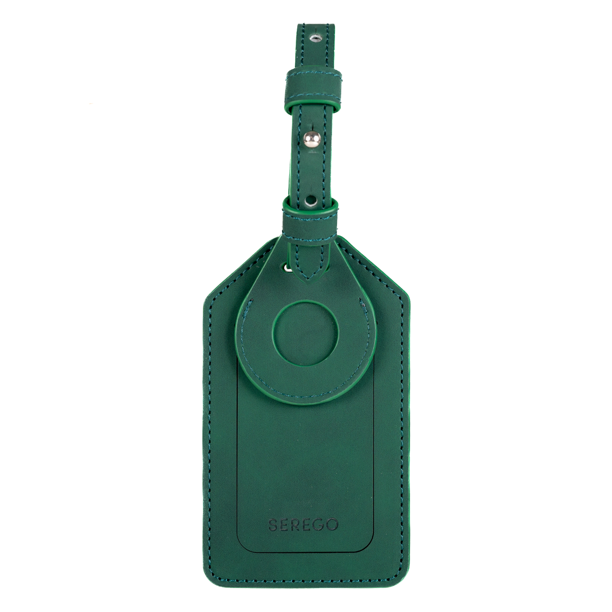 Green travel label with green stitching, an airtag compartment and QR card