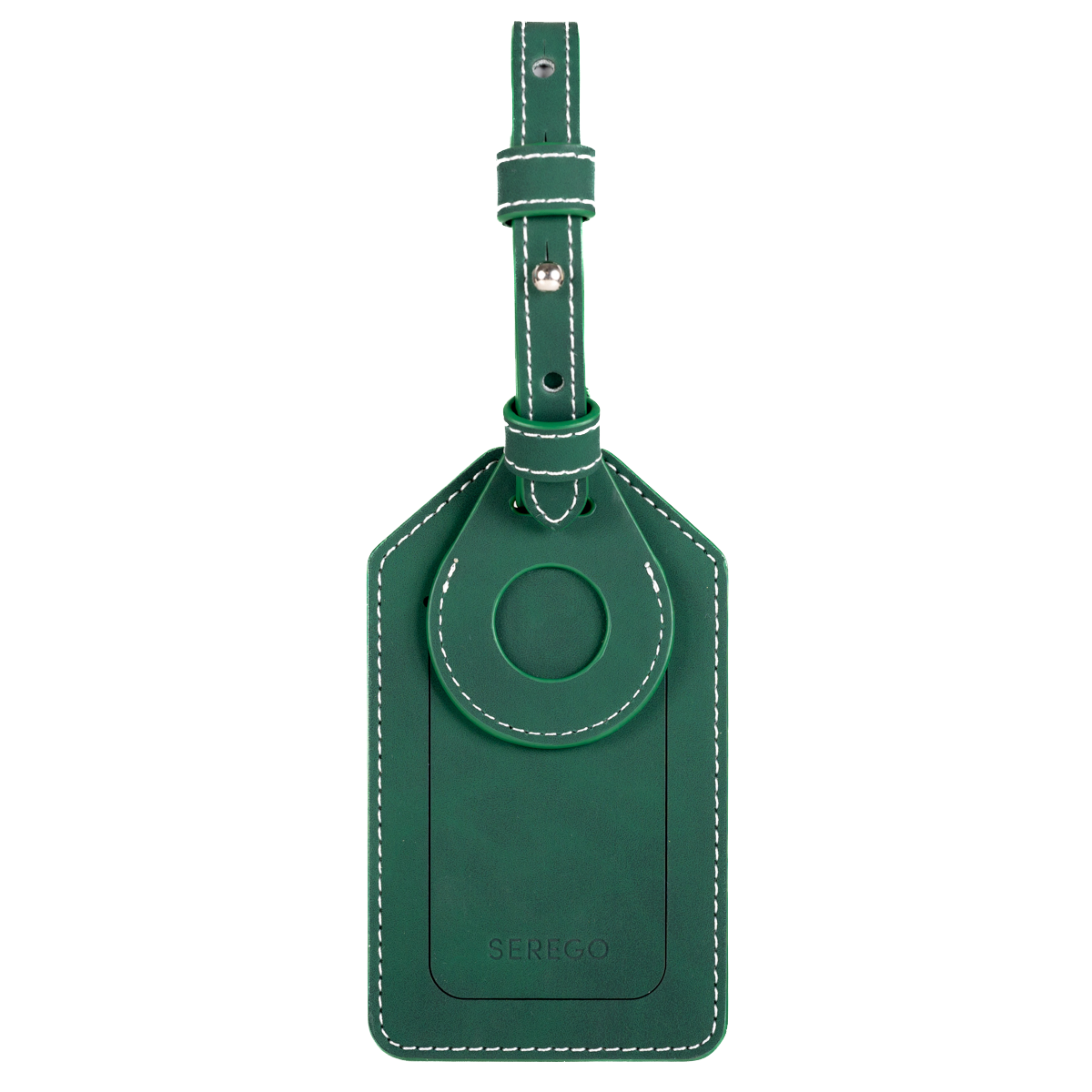 Green travel label with white stitching, airtag compartment and QR card