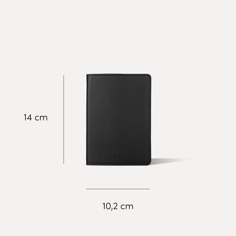Black vegan leather passport holder by SEREGO showing product size 14 by 10.2 cm, minimalist and stylish travel accessory