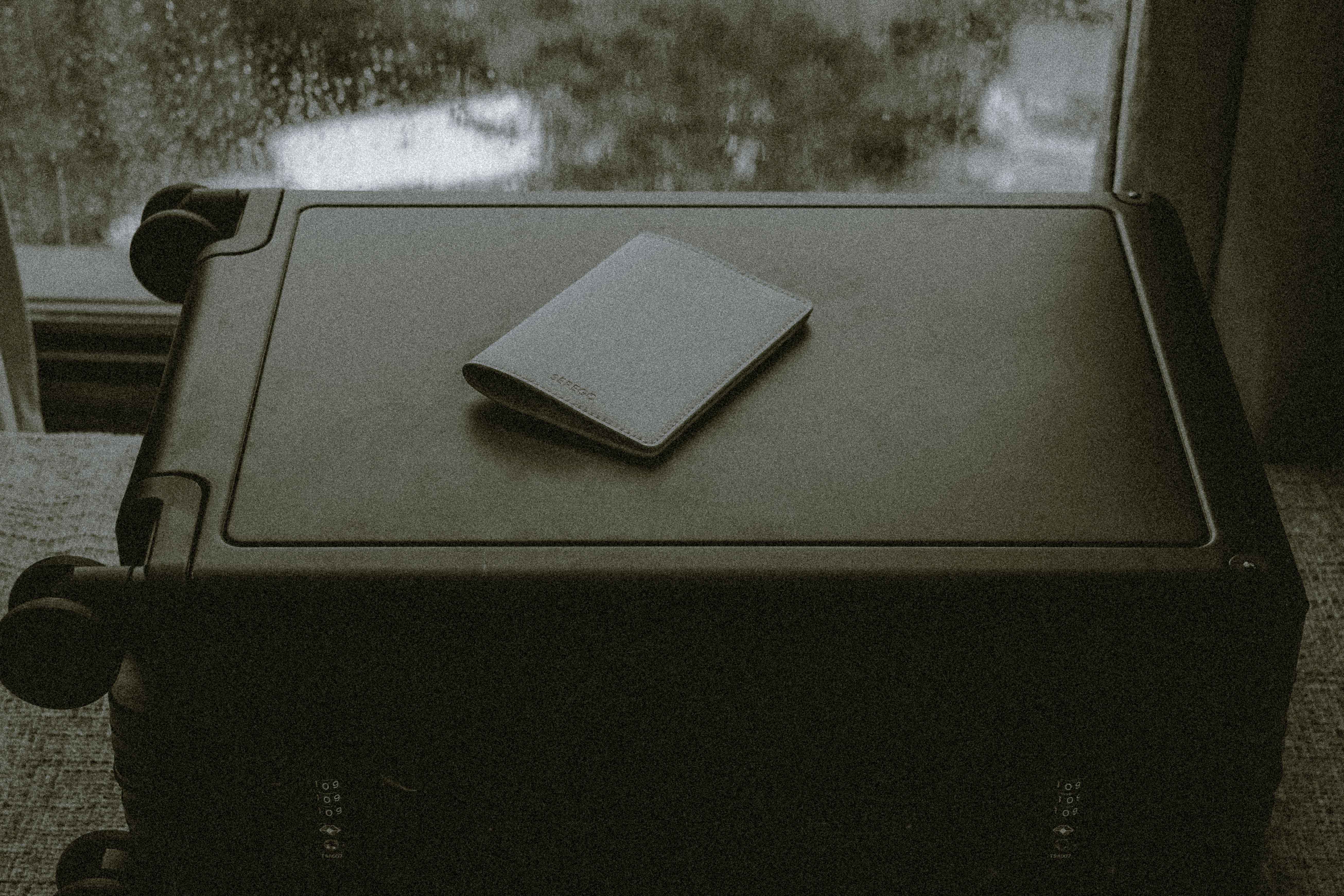 SEREGO vegan leather passport cover on suitcase, minimalist and sustainable travel wallet