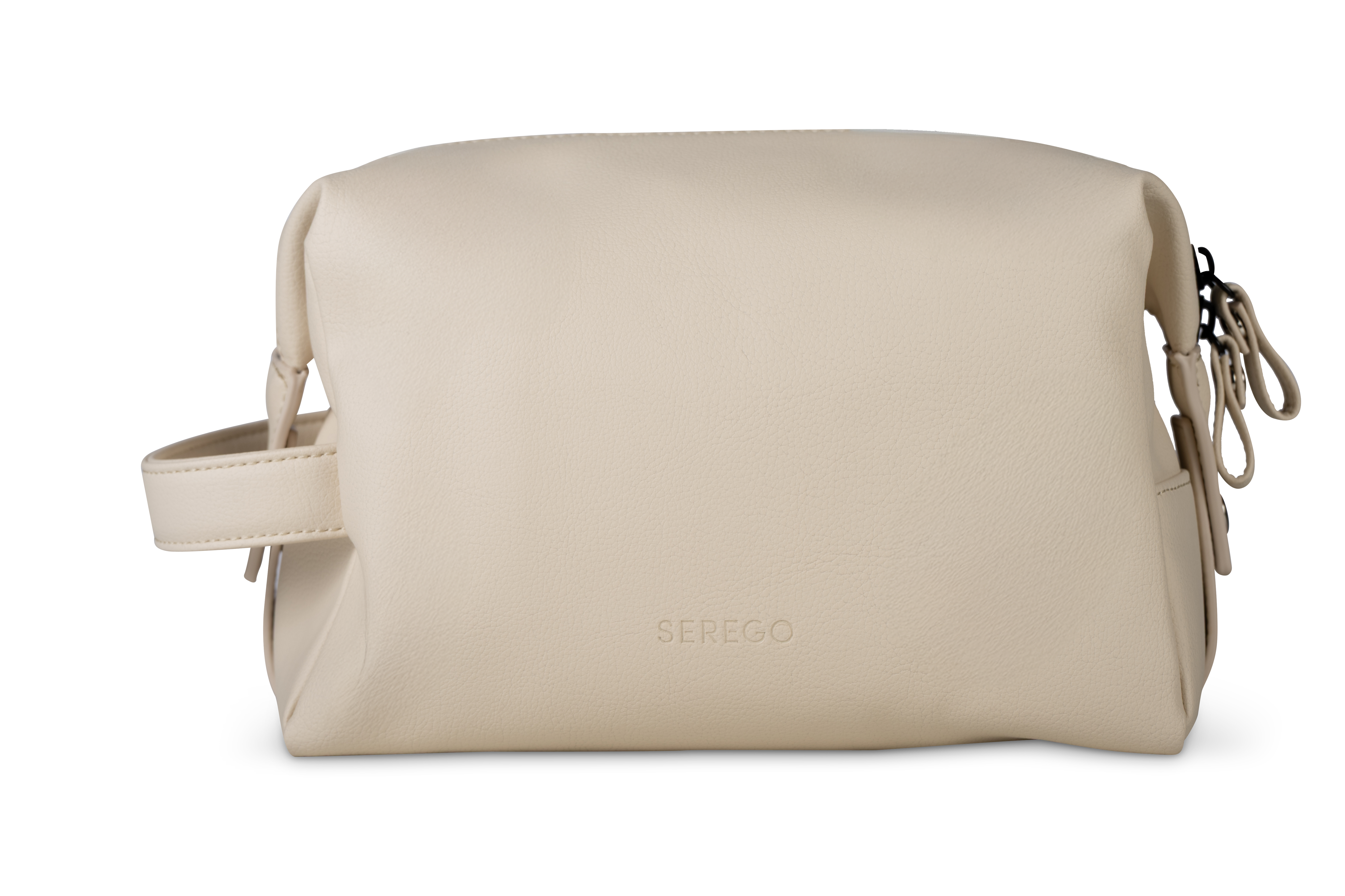SEREGO beige vegan leather toiletry bag with handle strap, elegant sustainable travel accessory