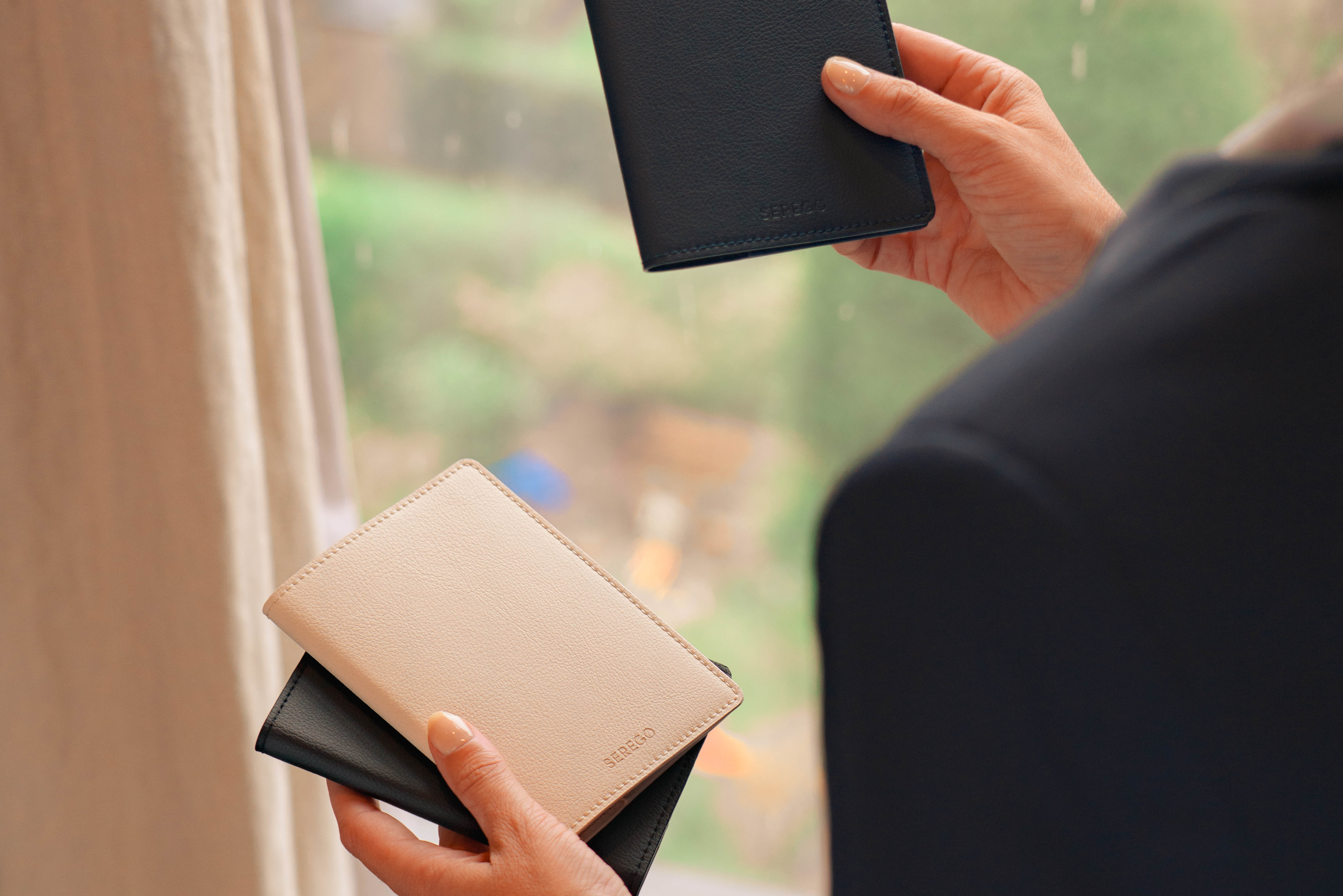 SEREGO luxury vegan leather passport covers in black, beige and navy: elegant travel accessories for modern travelers